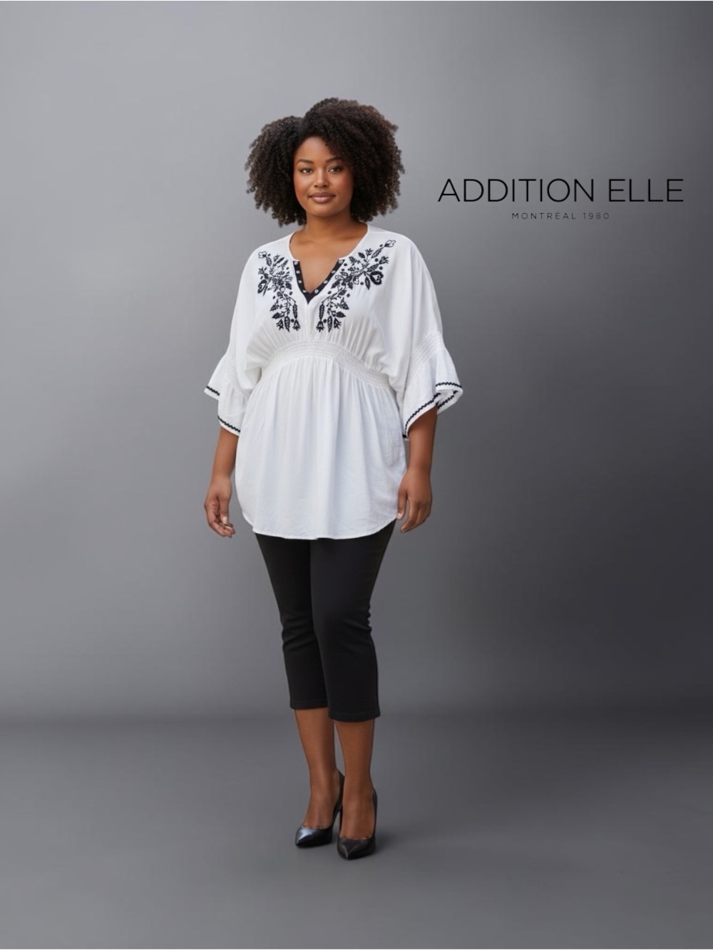 Addition Elle, Love&L, Embroidered Boho Tunic Blouse White Black Plus Size 18W